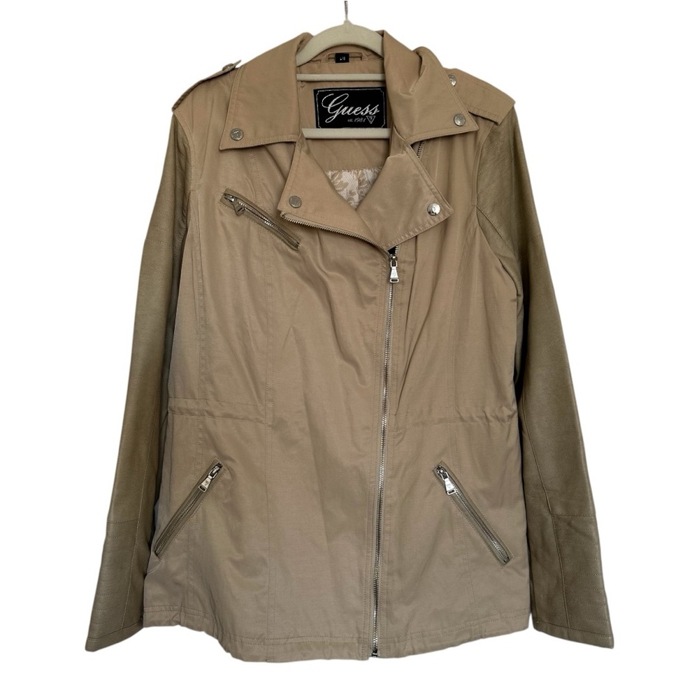 Guess Asymmetrical Moto Jacket Silver Zipper & Button Details Tan Size Large